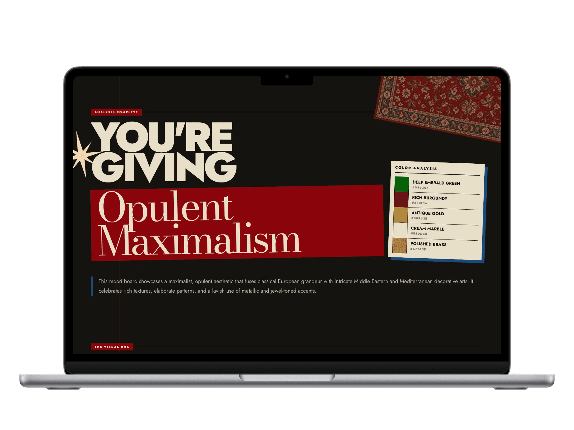 Laptop showing an example Motif vibe results page for Opulent Maximalism
