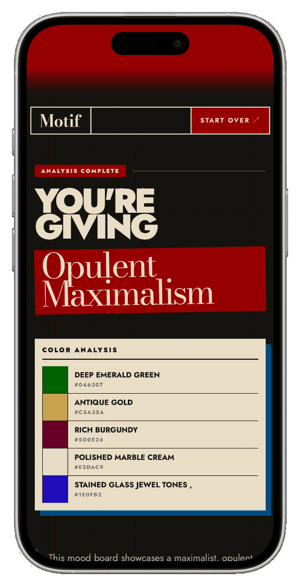 Phone showing an example Motif vibe results page for Opulent Maximalism