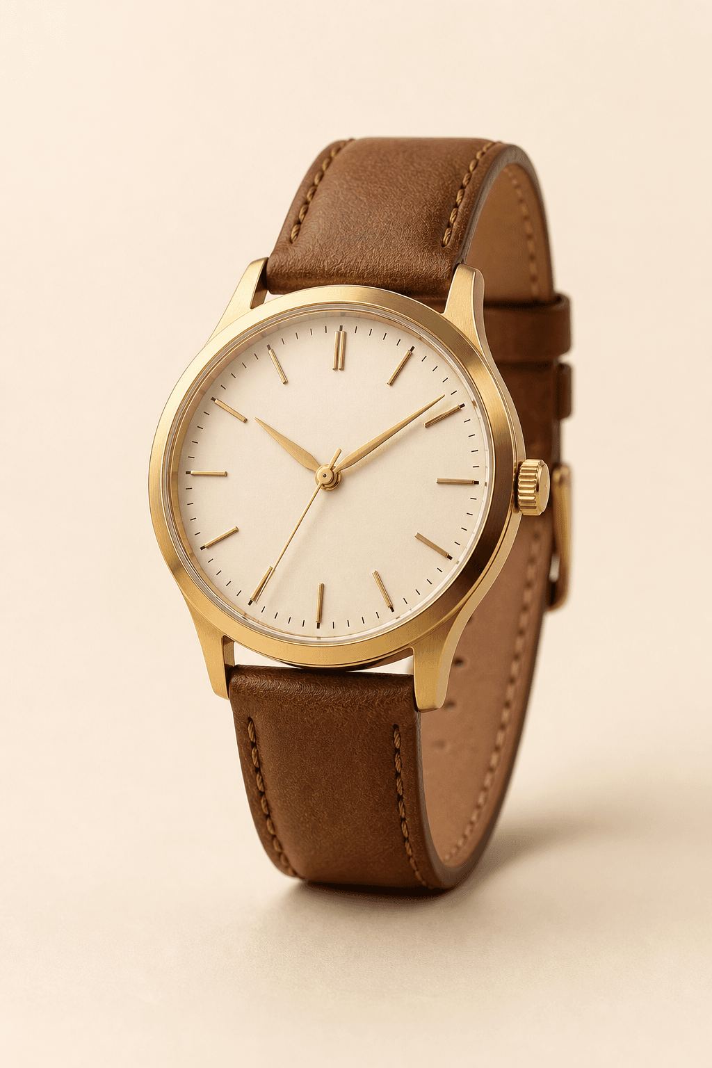 Gold watch with cream dial and tan leather strap